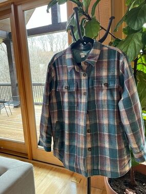 Sundance Plaid Button-Up Jacket in Teal, Purple, Cream